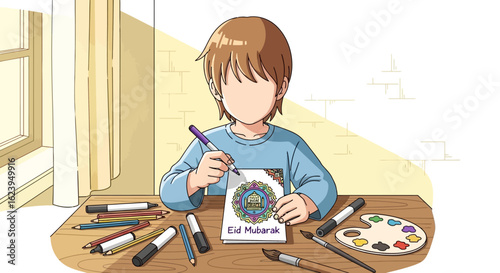 Young child drawing Eid Mubarak greeting card with markers. Artistic activity for Islamic holiday celebration.