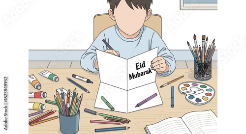Young boy creating an Eid Mubarak greeting card surrounded by colorful art supplies, celebrating a special occasion