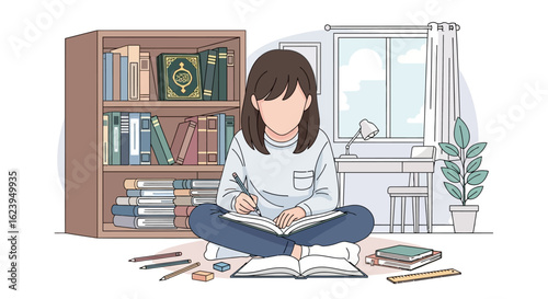 Student studying at home, sitting on floor with books and writing in a cozy room. Education, learning, and homework illustration.