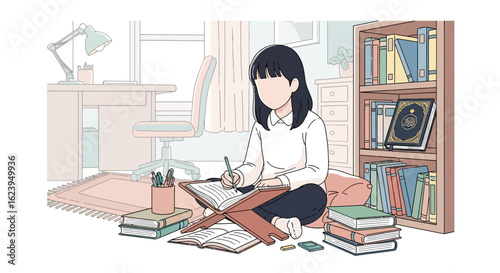 Young woman studying on floor at home, surrounded by books and notes, focused on education and learning