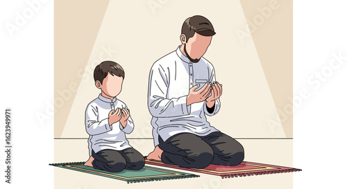 Muslim Father and Son Praying Together on Mats. Islamic Family Prayer, Spiritual Guidance, Religious Education, Generational Faith.