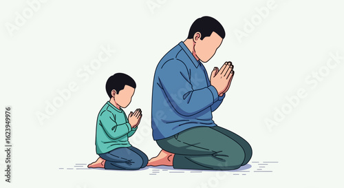 Father and Son Kneeling in Prayer or Respect. Generational Spiritual Practice Illustration.