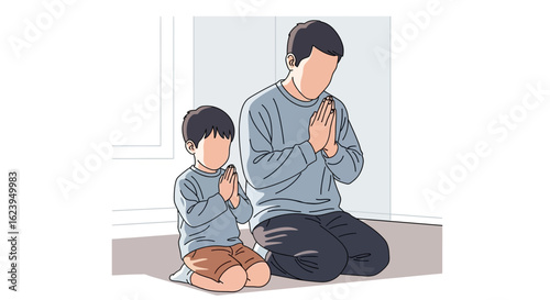 Father and Son Kneeling in Prayer or Respectful Gesture. Family Spirituality & Tradition.