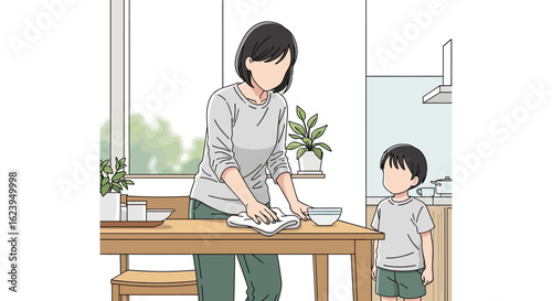 Mother and child cleaning dining table at home. Woman wiping surface, child observing. Domestic life illustration.
