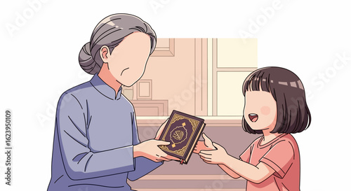 Grandmother giving sacred book to child. Generational learning, religious education, family tradition illustration.