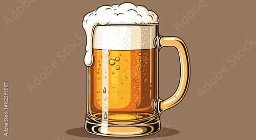 Illustration of a beer mug filled with golden beer and a thick layer of white foam overflowing the top
