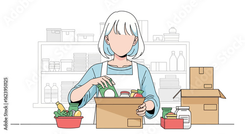 Person Packing Food & Groceries into Donation Box for Charity or Delivery, Flat Illustration