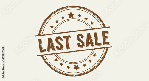 Illustration of a brown last sale stamp with stars and oval borders on an off white background image view