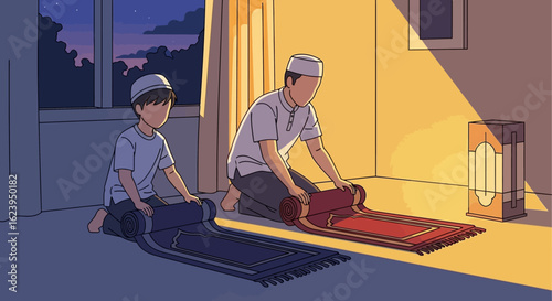 Muslim father and son rolling up prayer mats after evening prayer at home, illustrating family faith and tradition