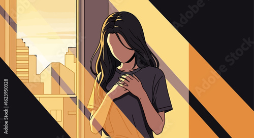 Woman in warm golden light by a city window, a peaceful and introspective urban scene.