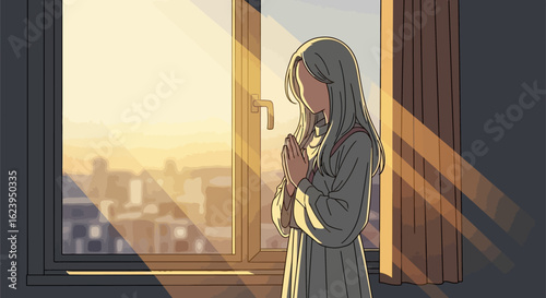Person in contemplative moment by window, bathed in golden morning light over city skyline.