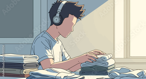 Anime illustration of a young person with headphones folding laundry in a warm, sunlit room, representing calm daily chores.