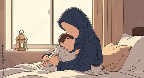 Loving Mother in Hijab Cradling Baby in Cozy Bedroom with Warm Sunlight