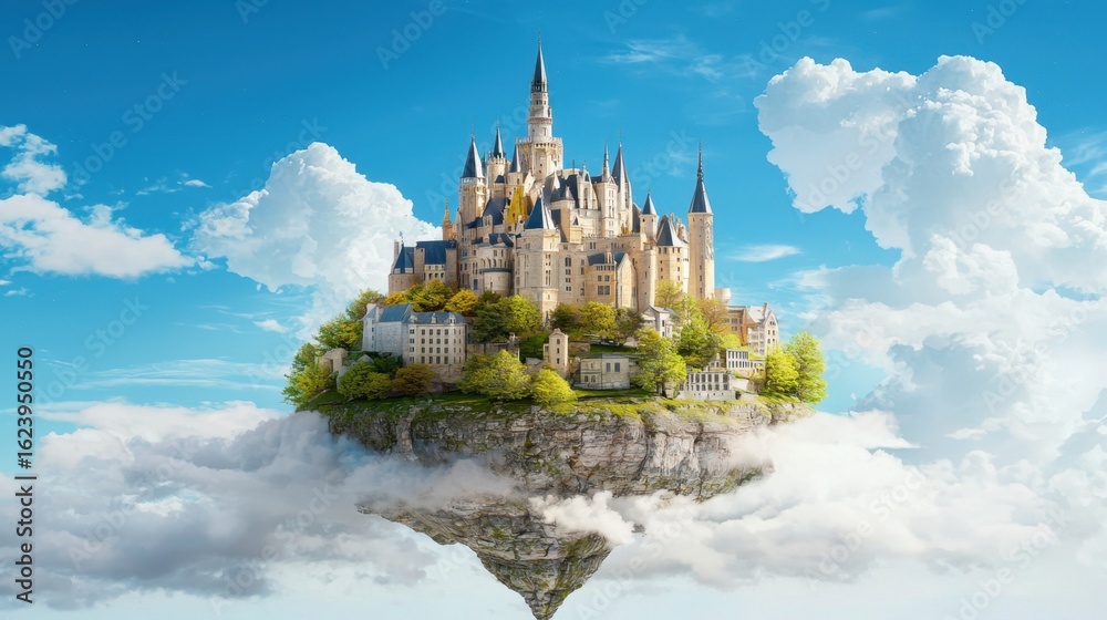 Obraz premium Majestic Floating Castle Surrounded by Cloudy Sky and Lush Trees