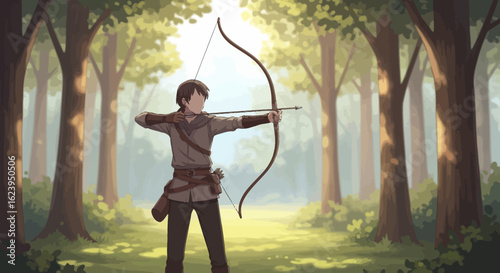 Determined archer in fantasy forest aiming bow and arrow, sunlight filtering through trees, adventure and skill concept illustration.