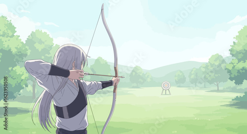 Anime style young woman practicing archery outdoors, aiming at target with bow and arrow in a green field