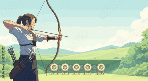 Female archer in traditional Kyudo attire aiming at targets in a serene outdoor setting, practicing ancient Japanese art.