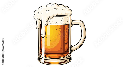 A tall glass beer mug filled with a golden liquid and a large head of white foam spilling down the sides