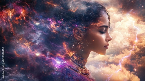 A mystical representation of Mahade with swirling clouds and lightning