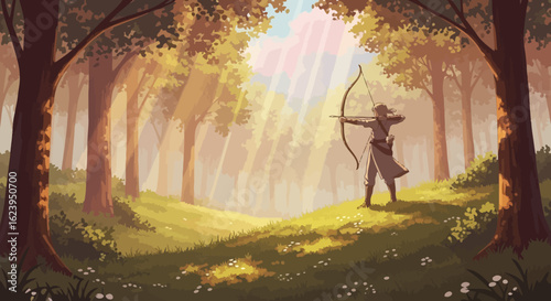 Archer in a Sun-Dappled Fantasy Forest with Golden Light Rays