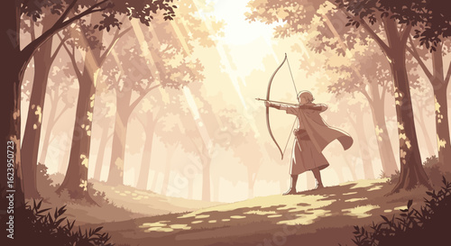 Archer in a sun-drenched fantasy forest, aiming a bow and arrow amidst mystical trees and golden light rays.