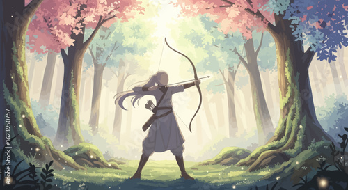 Fantasy archer aiming bow in a vibrant, enchanted forest with colorful trees and mystical glowing light.