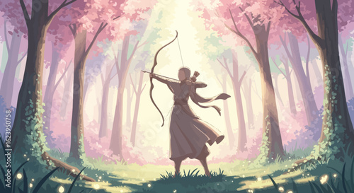 Fantasy Archer in Enchanted Forest. Woman with Bow and Arrow in Magical Pink Woods with Ethereal Light and Glowing Trees