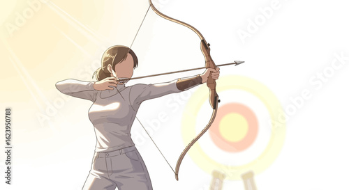 Determined Female Archer with Bow and Arrow Aiming at Target in Sunlight
