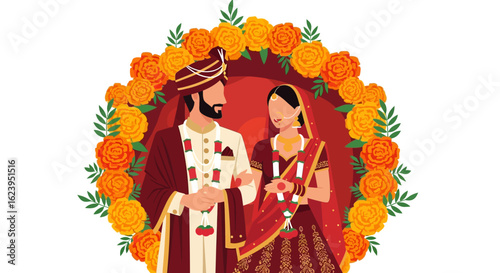 Traditional Indian Wedding Couple Illustration with Marigold Floral Arch