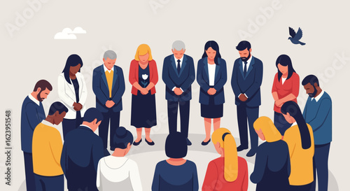Multicultural group bowing heads in solemn prayer, remembrance, or tribute