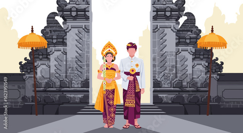 Traditional Balinese Couple in Cultural Attire by Iconic Temple Gate