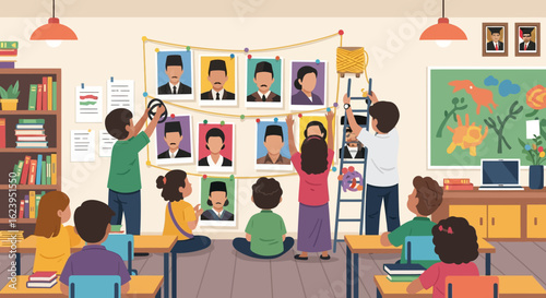 Diverse students decorating classroom with portraits, actively learning about history and culture in an engaging school environment