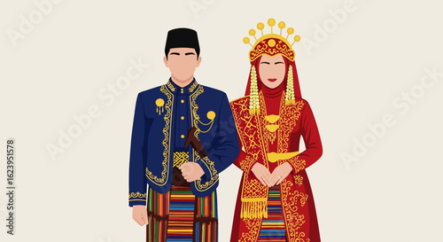 Traditional Indonesian Couple in Elaborate Cultural Attire Vector Illustration