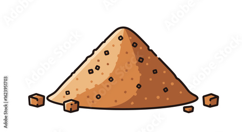 Cartoon heap of brown sugar or sand granules with scattered chunks, isolated on white