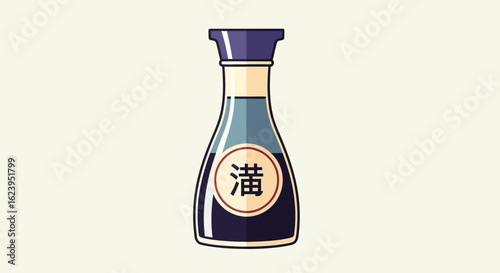 Cartoon illustration of a traditional Asian soy sauce bottle with Japanese character, isolated on a light background