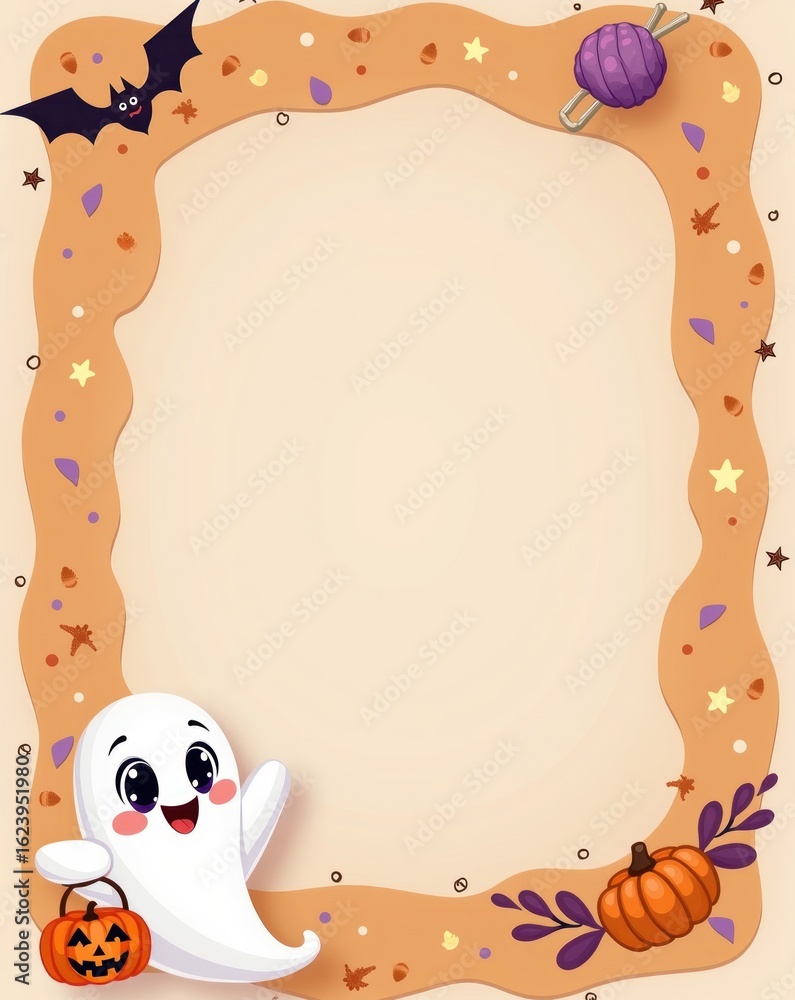 Fototapeta premium Adorable Halloween cartoon frame with a cute ghost holding a pumpkin basket. Festive border illustration for a kids' party or holiday.