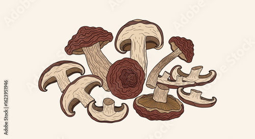 Hand-Drawn Illustration of Edible Mushrooms. Assorted Fungi for Culinary Use on a Light Background.