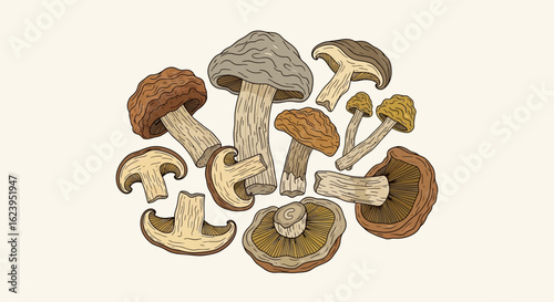 Hand-drawn illustration of various edible mushroom and fungi types. Detailed vintage botanical collection.