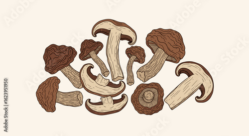Hand-drawn assorted mushrooms illustration set