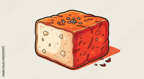 Golden Brown Fried Tofu Cube Illustration with Sesame Seeds and Crispy Texture