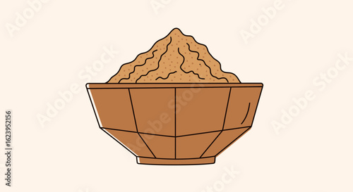 Brown granular ingredient in a rustic wooden bowl. Minimalist illustration for food and cooking concepts.