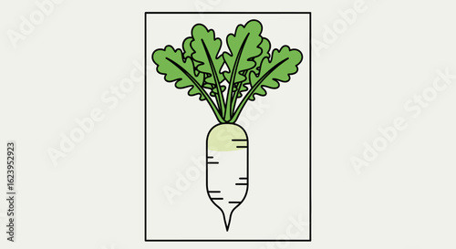 Stylized white radish with green leaves on a minimalist background