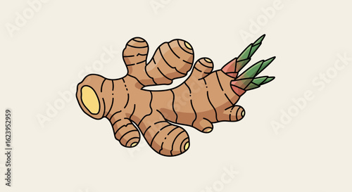 Vibrant Cartoon Ginger Root Illustration with Sprouting Green Shoots