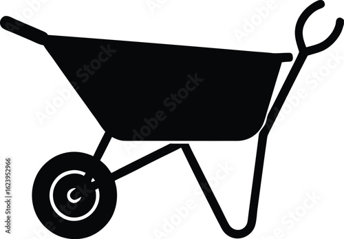 A wheelbarrow with gardening tools vector art illustration.