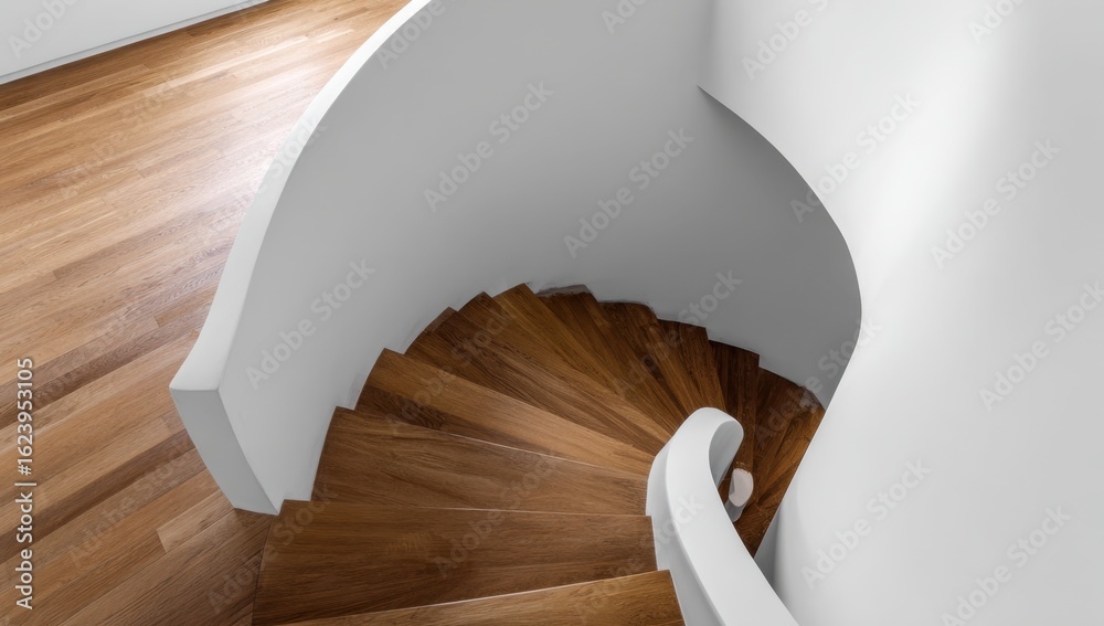 Fototapeta premium Elegant wooden spiral staircase ascends with a curved white wall, creating a modern architectural design.