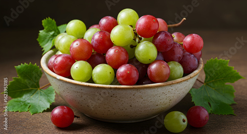 A bowl of mixed red and green grapes