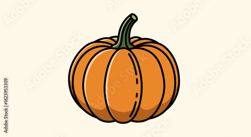 Simple cartoon pumpkin illustration. Classic autumn harvest vegetable for Halloween, Thanksgiving, and seasonal decor.