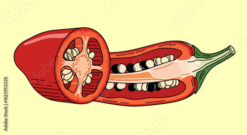 Red Chili Pepper Halves Illustration: Cross Section and Longitudinal View with Seeds