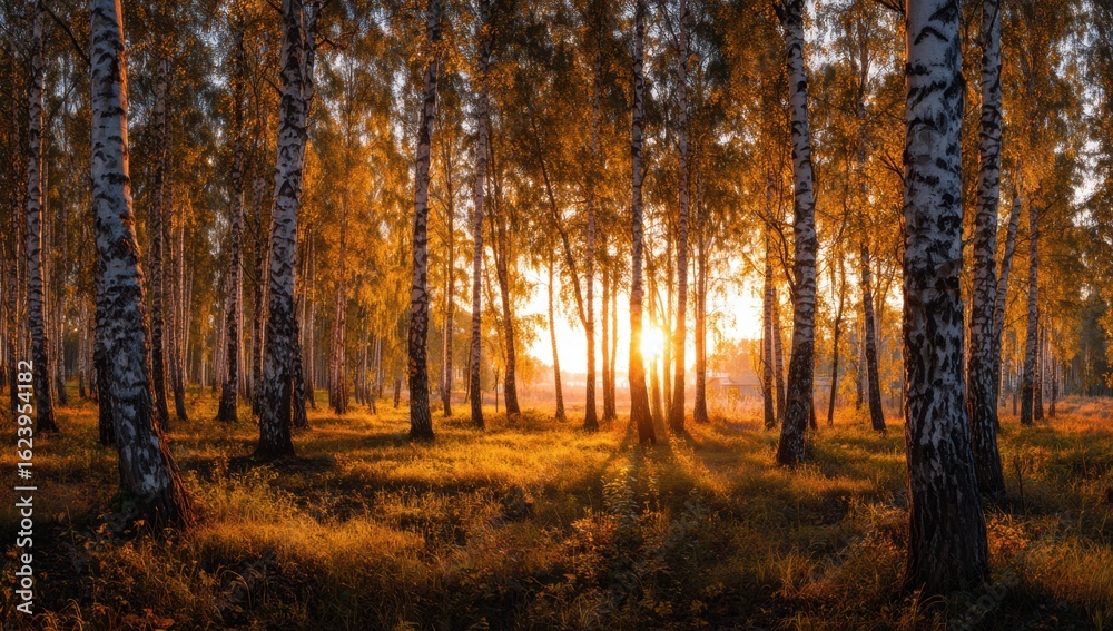 Obraz premium Golden sunlight filters through a dense birch forest, casting long shadows and illuminating the ground with a warm, ethereal glow.