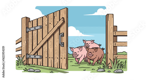Three Pigs Running Out of Open Wooden Farm Gate on Green Field - Cute Cartoon Illustration